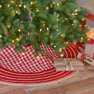 NWT Farmhouse Red Cream Plaid Christmas Tree Skirt Cotton 48"